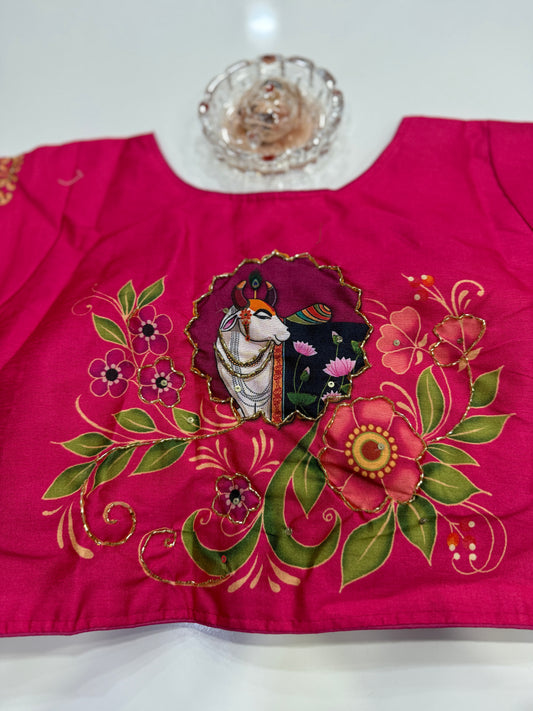 Silk printed readymade blouse for women with antique handcrafted work, size 38–42, short sleeve, saree blouse