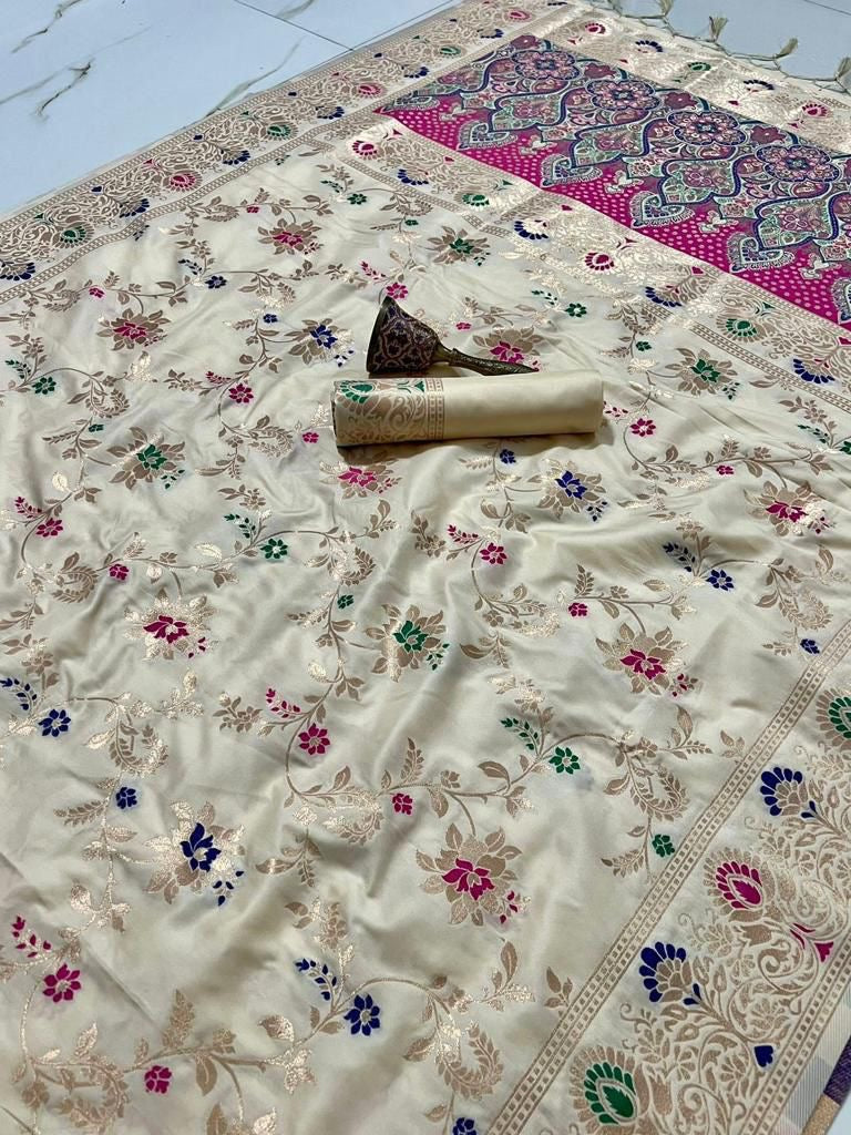 Pure Heavy Silk Saree with Zari and Minakari Weaving, Running Design Blouse with Jari Border
