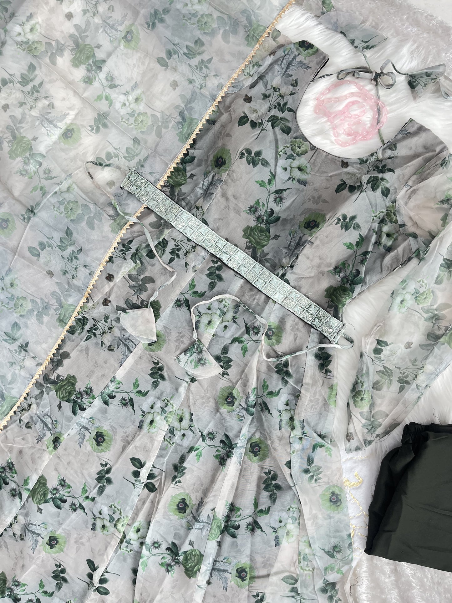 Organza Silk Anarkali Suit Set with Kali Cut, Canvas Patta, Cotton Pants and Dupatta for Women