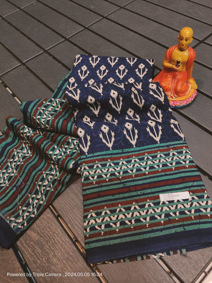 Semi Modal Silk Saree with Hand Block Prints and Contrast Blouse for Women