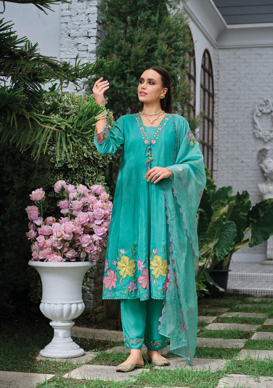Pure Mul Chanderi Three-Piece Suit Set with Designer Thread and Handwork – Sizes XL and 2XL
