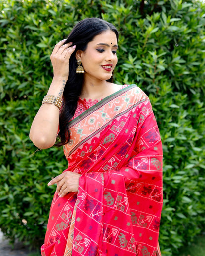 Ikkat Patola Silk Saree with Contrast Zari Weaving and Kanchi Borders – Festive Wear