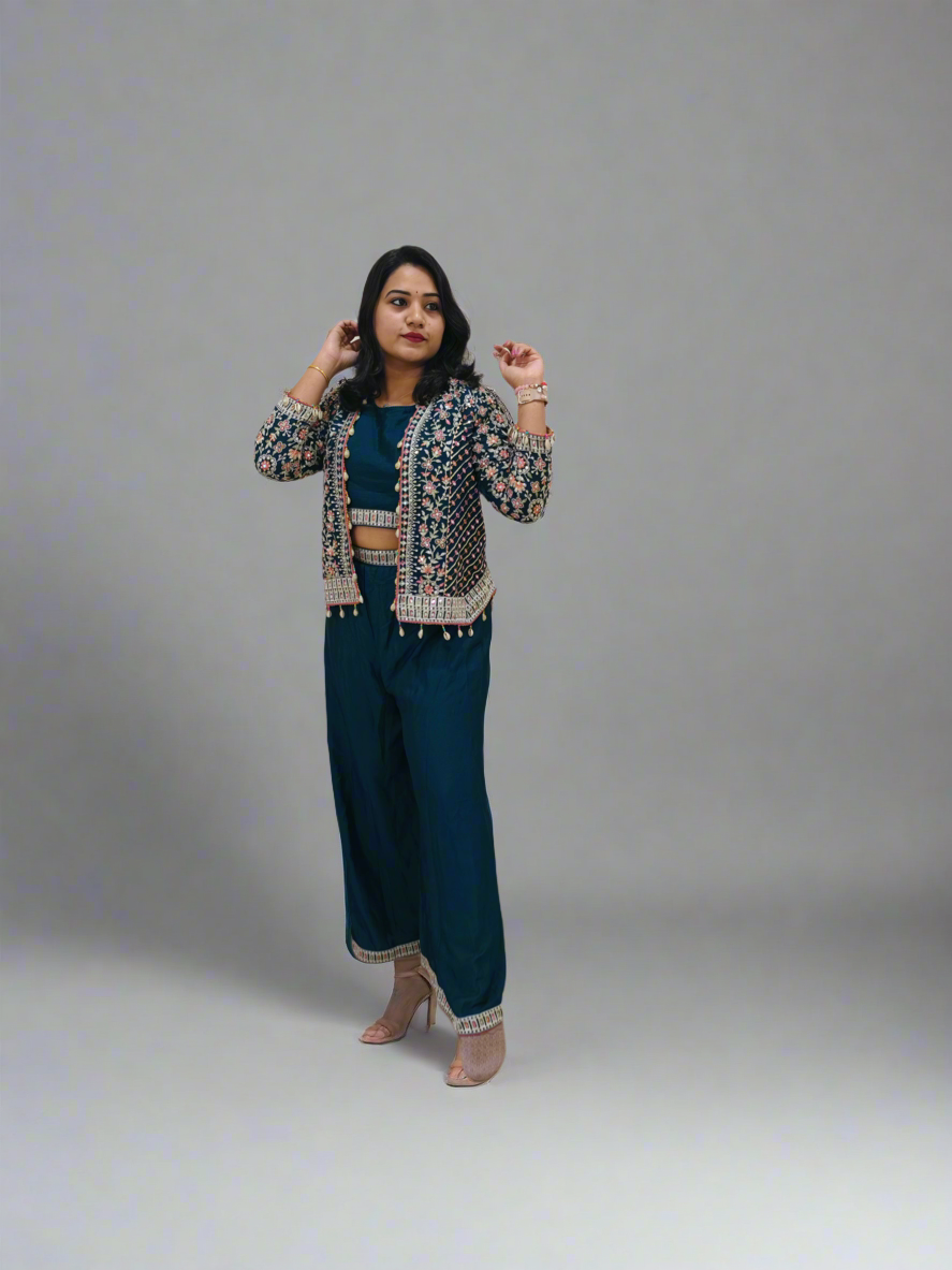 Real Chinon 3-Piece Ethnic Set with Front and Back Embroidery, Mirror Work, and Tassel Lace – Free Size Stitched