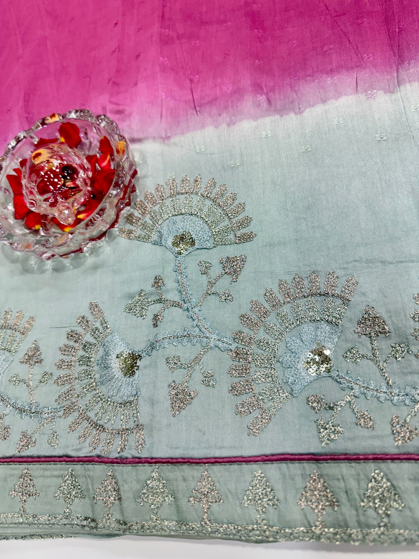 Omber Shaded Designer Silk Saree with Embroidery Lace Work, Patchwork and Art Silk Blouse