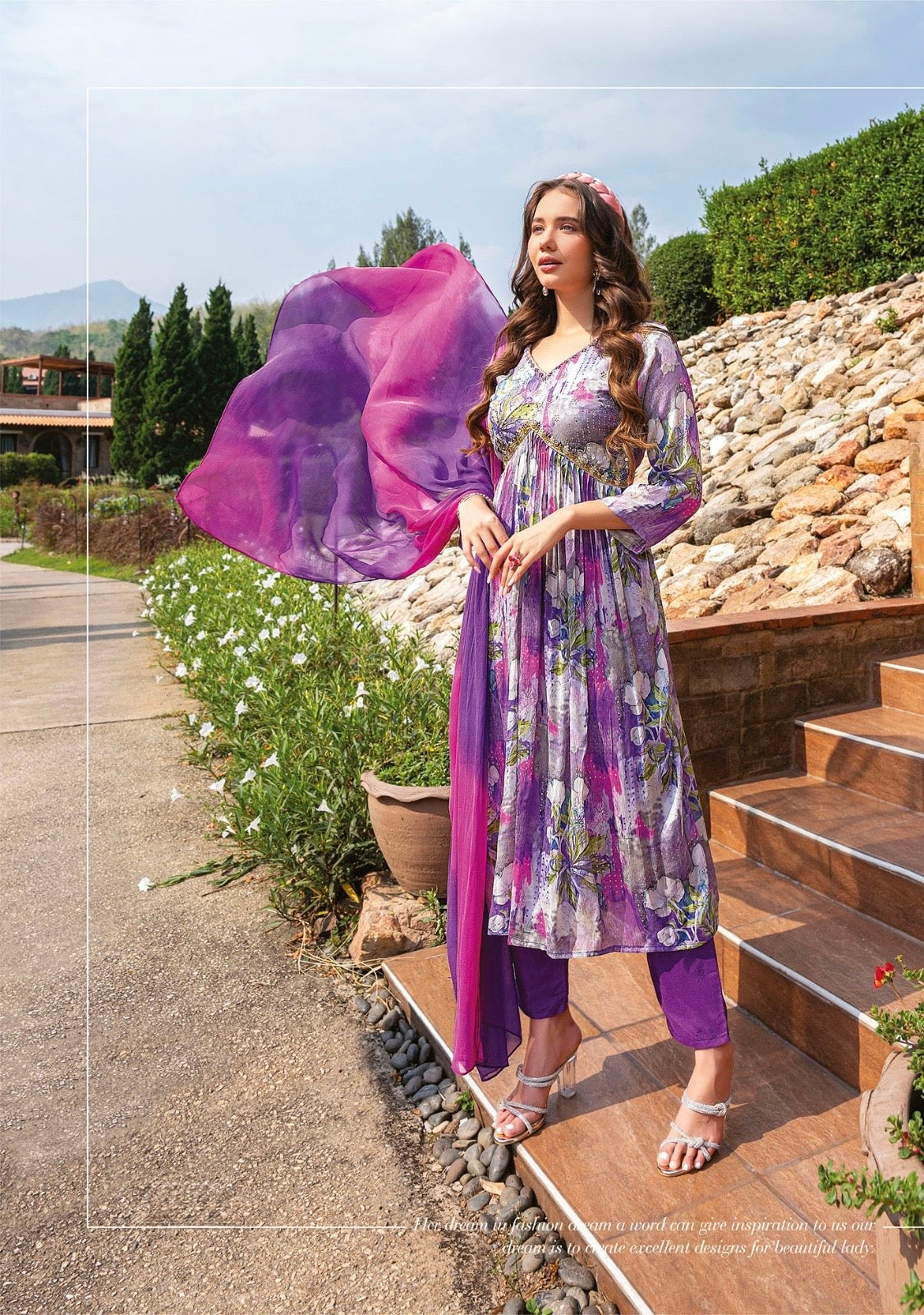 Women’s pure chinon Alia cut kurti set with handwork and shaded nazmin dupatta – festive ethnic wear