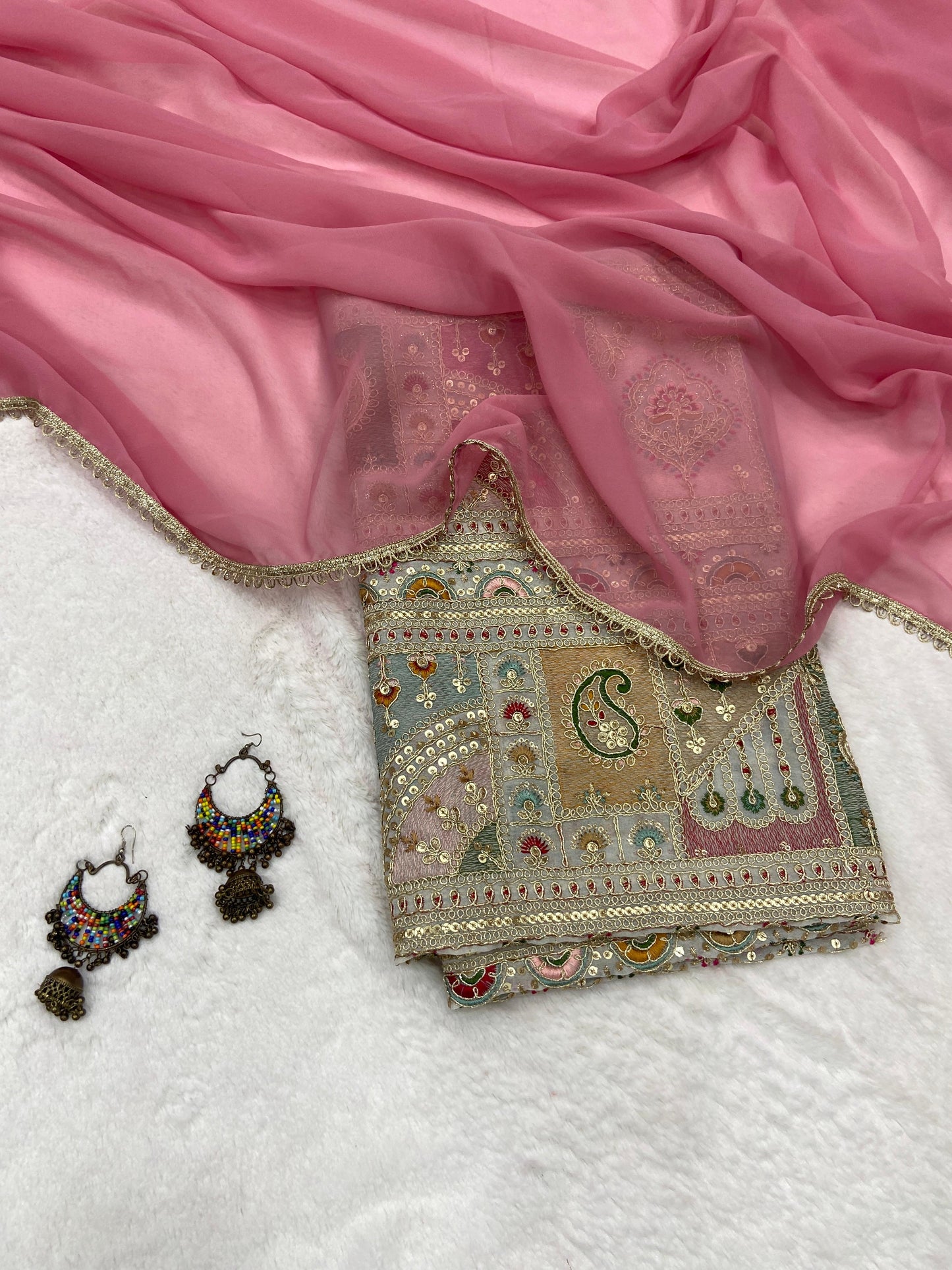 Women’s Georgette Saree with Lace Border and Heavy Embroidery Coding Work Designer Blouse