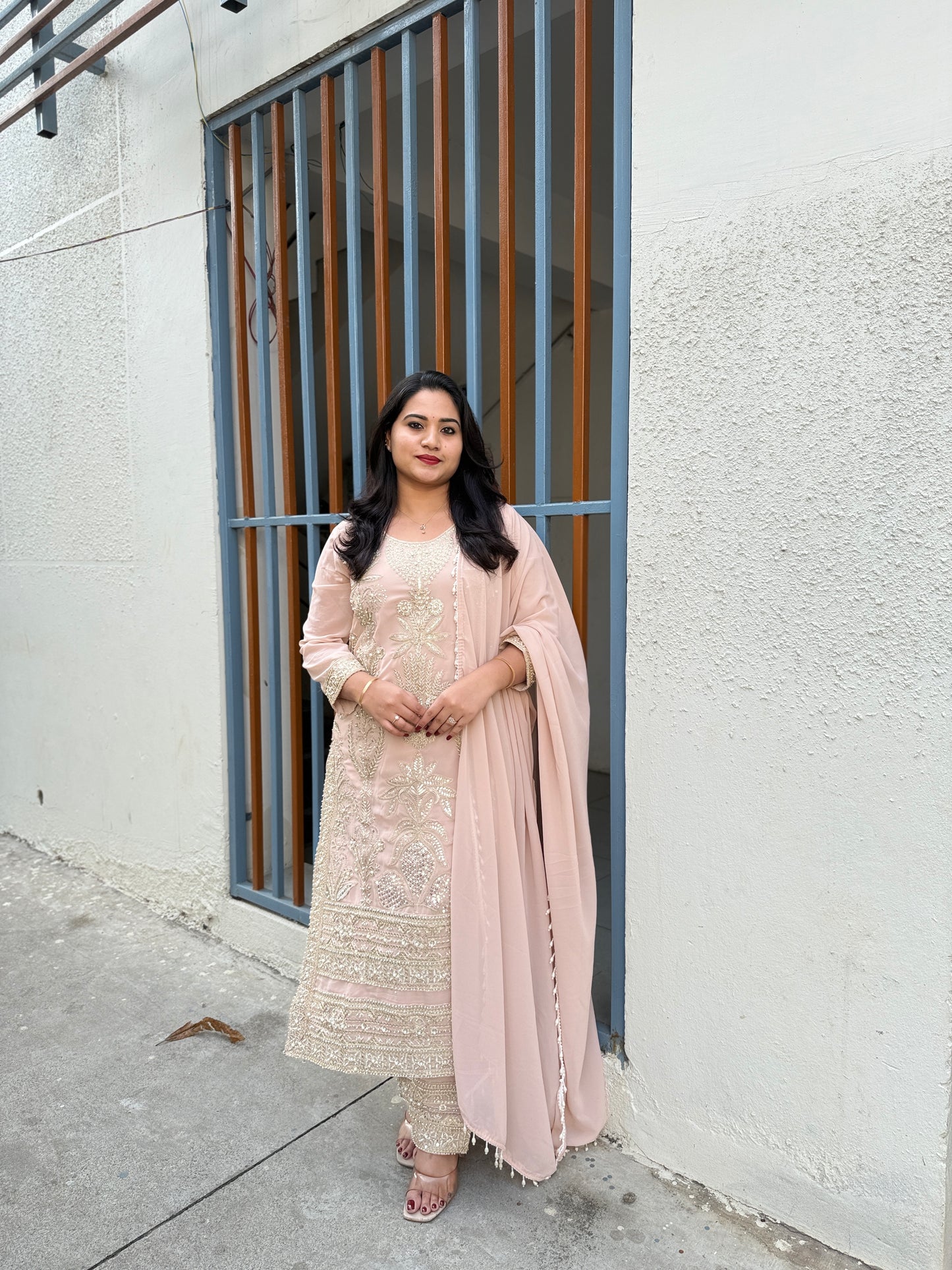 Women’s premium georgette embroidered stitched suit set with beads work and palazzo (XL)