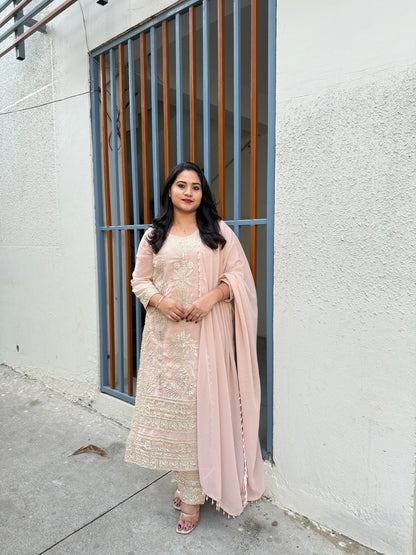 Women’s premium georgette embroidered stitched suit set with beads work and palazzo (XL)