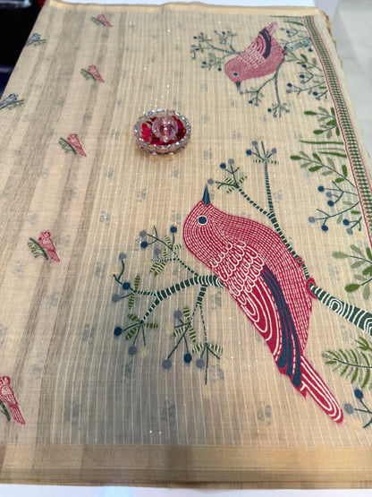 Ghicha cotton saree with bird motif pallu and tassel border, printed cotton saree for women