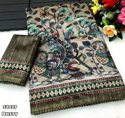 Semi Tussar Silk Saree with Floral Kalamkari Digital Print and Lace Border with Printed Blouse