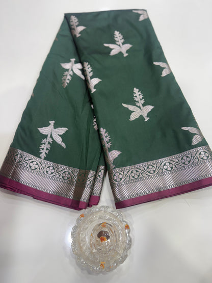 Women’s Banarasi semi mashru katan silk saree with zari boota weaving, rich pallu and brocade blouse