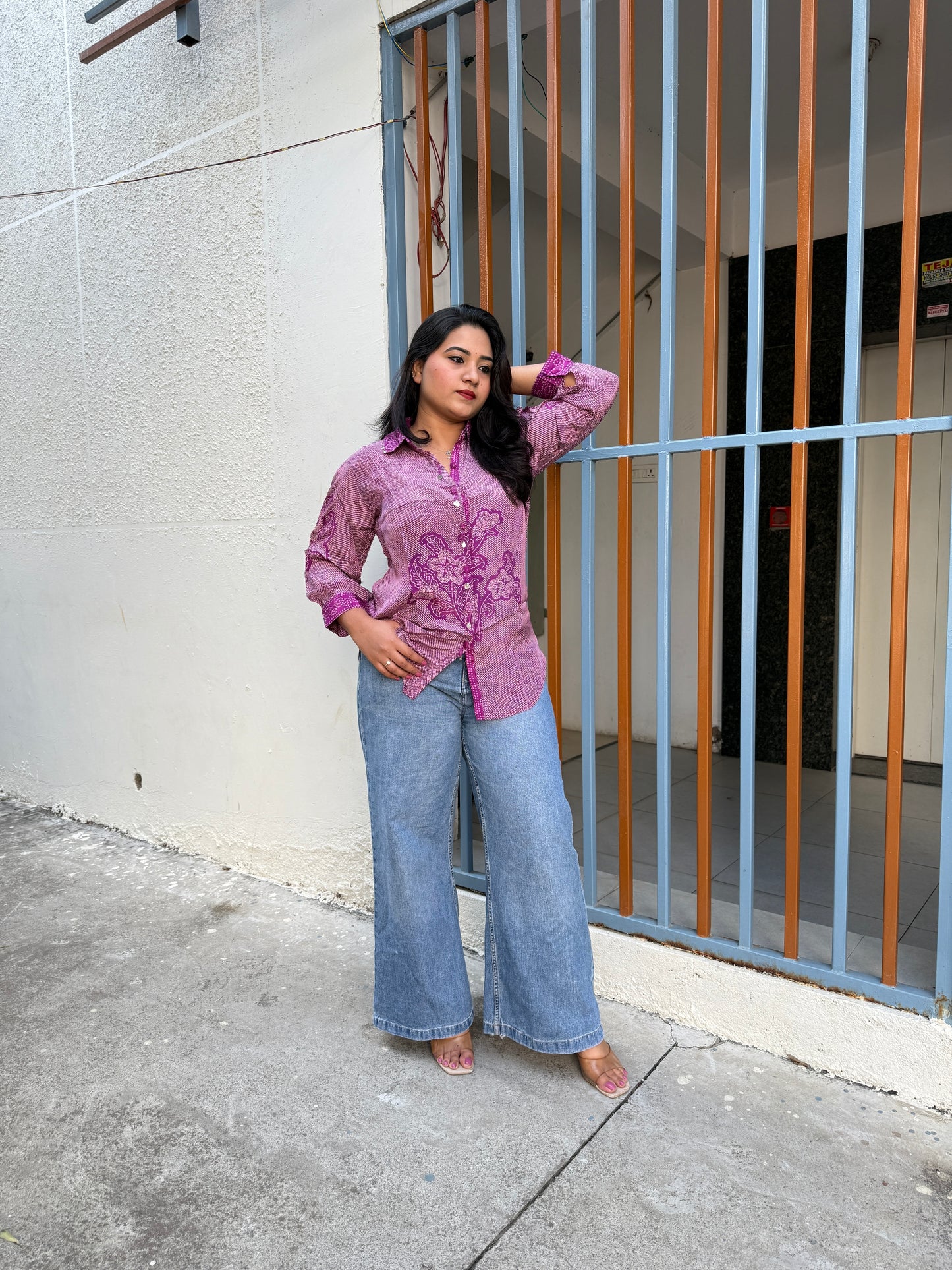 Crepe Bandhani Printed Top with Pintuck Detailing and Metal Buttons for Women