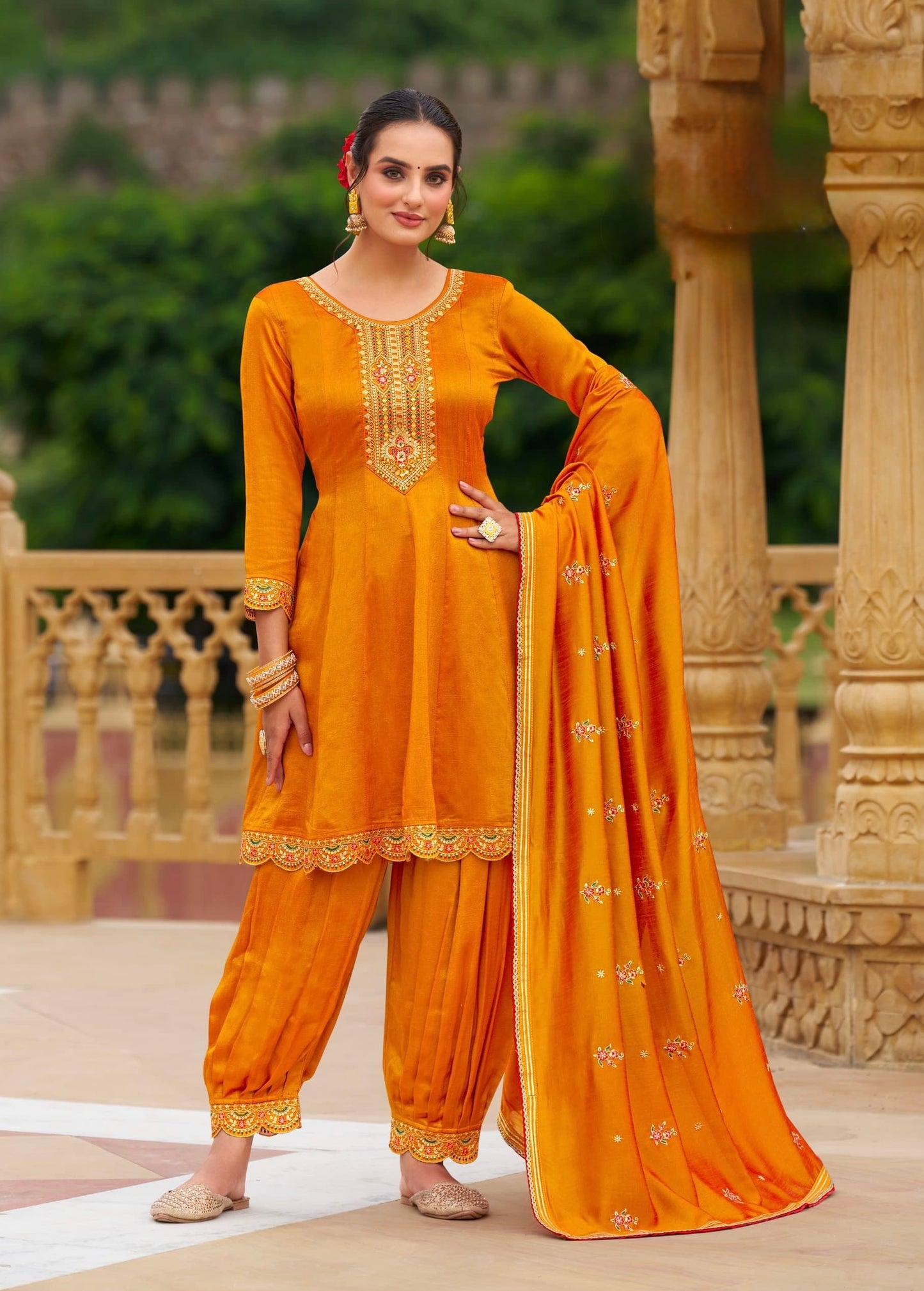 Silk Kurta Afghani Pant Dupatta Set with Fancy Work and Heavy Border Dupatta – XL & XXL