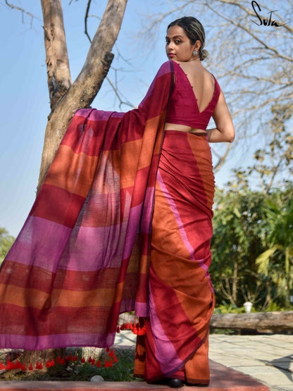 Rangoli Stripe Handloom Cotton Saree with Blouse Piece – Handwoven Traditional Pattern for Women