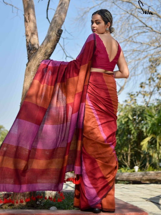 Rangoli Stripe Handloom Cotton Saree with Blouse Piece – Handwoven Traditional Pattern for Women