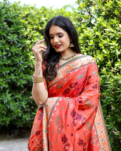 Ikkat Patola Silk Saree with Contrast Zari Weaving and Kanchi Borders – Festive Wear