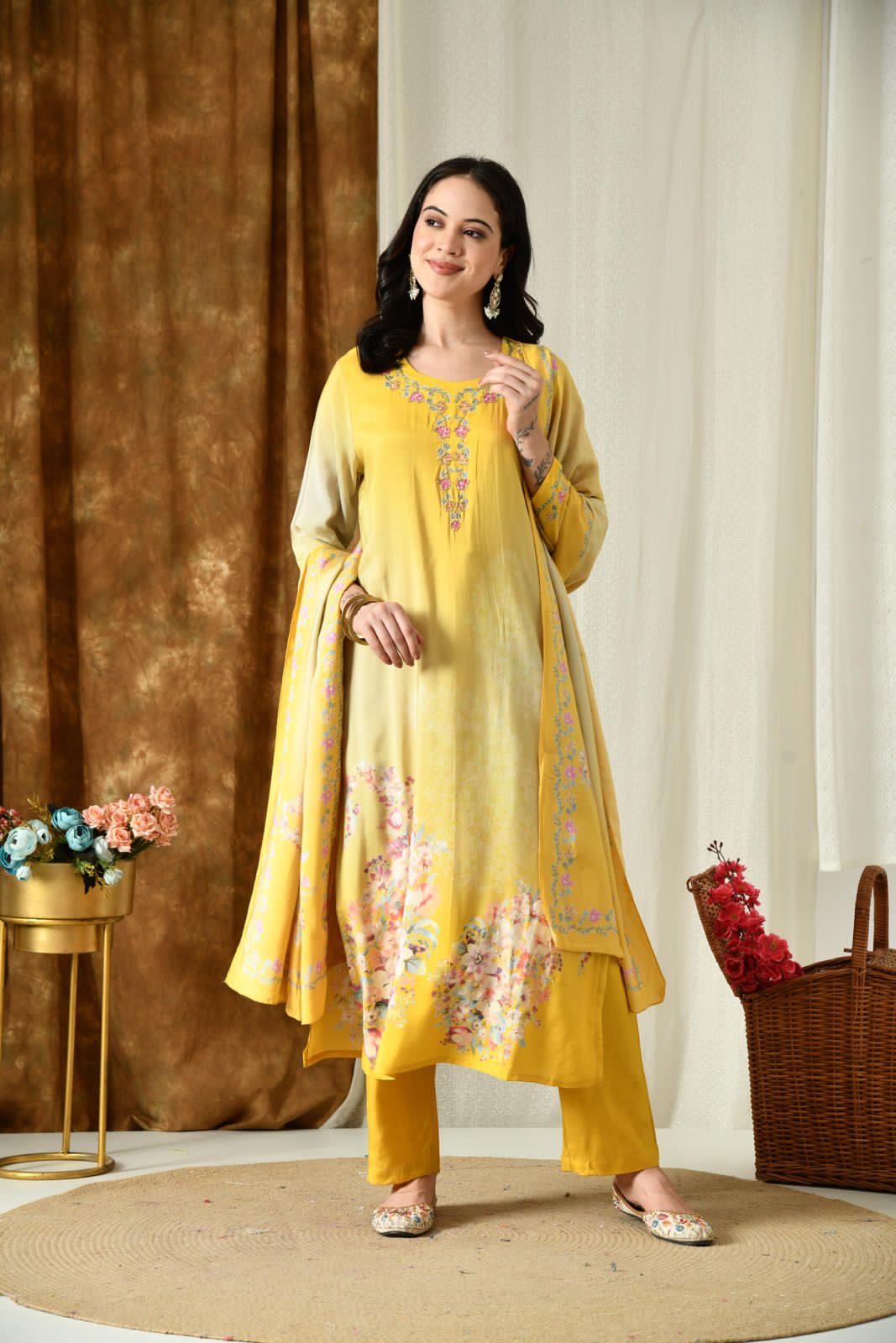 Women’s Muslin Kurta Set with Zari Work, Pants, and Dupatta – Light Pastel Shades in M to 3XL