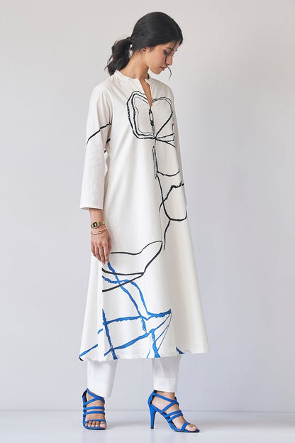 White Linen Cotton Kurti Pant Set for Women with Abstract Blue and Black Print