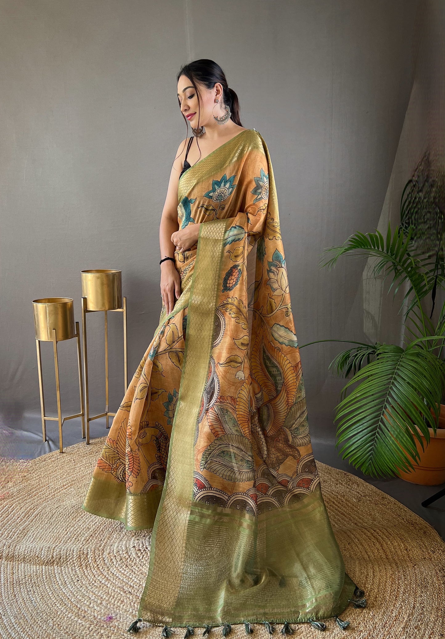 Tussar Silk Saree with Hand-Painted Style Kalamkari Print, Zari Border, and Contrast Blouse