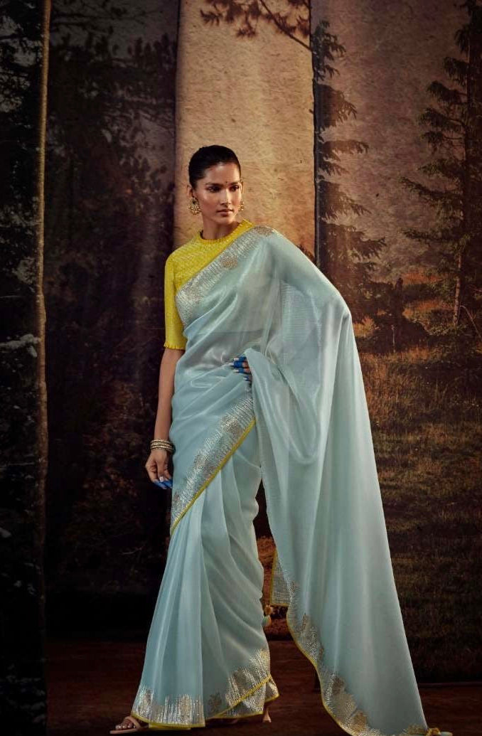 Organza Tissue Silk Saree with Embroidery or Swarovski Work and Heavy Designer Blouse – Wedding and Festive Wear for Women