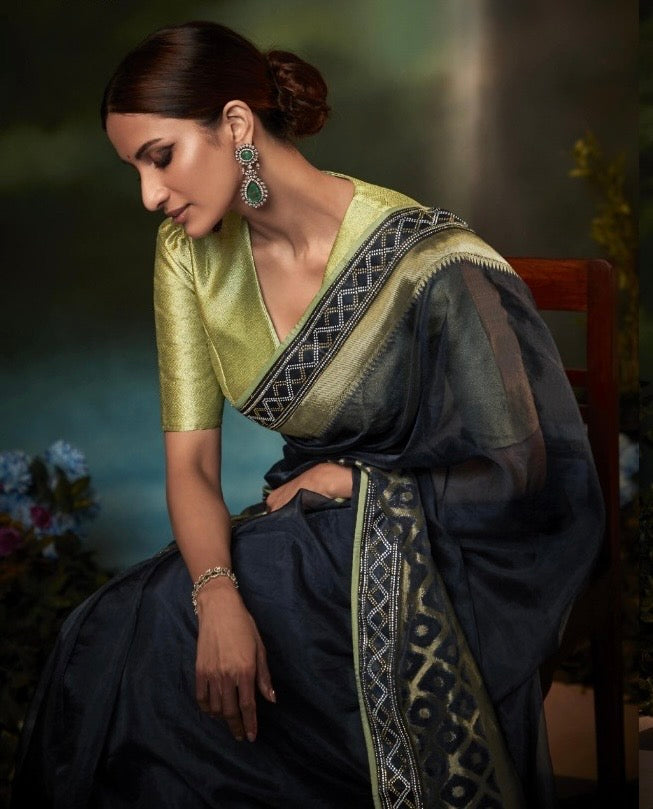 Organza Tissue Silk Saree with Embroidery or Swarovski Work and Heavy Designer Blouse – Wedding and Festive Wear for Women