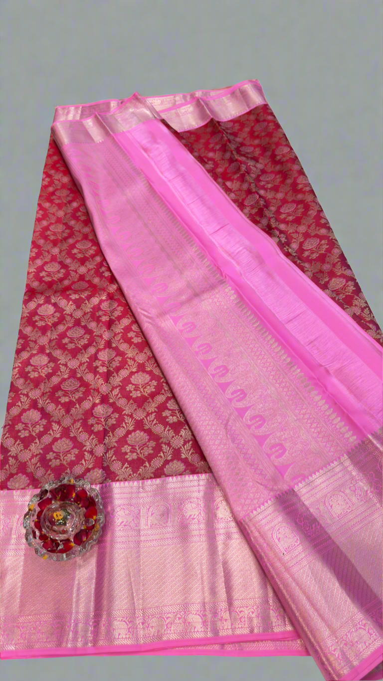 Handloom Kanchi Silk Saree with Silver Zari Weaving in Maroon for Women