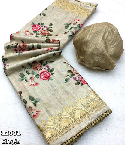 Handloom Tussar Silk Digital Print Saree with Embroidery, Lace Border, and Contrast Blouse