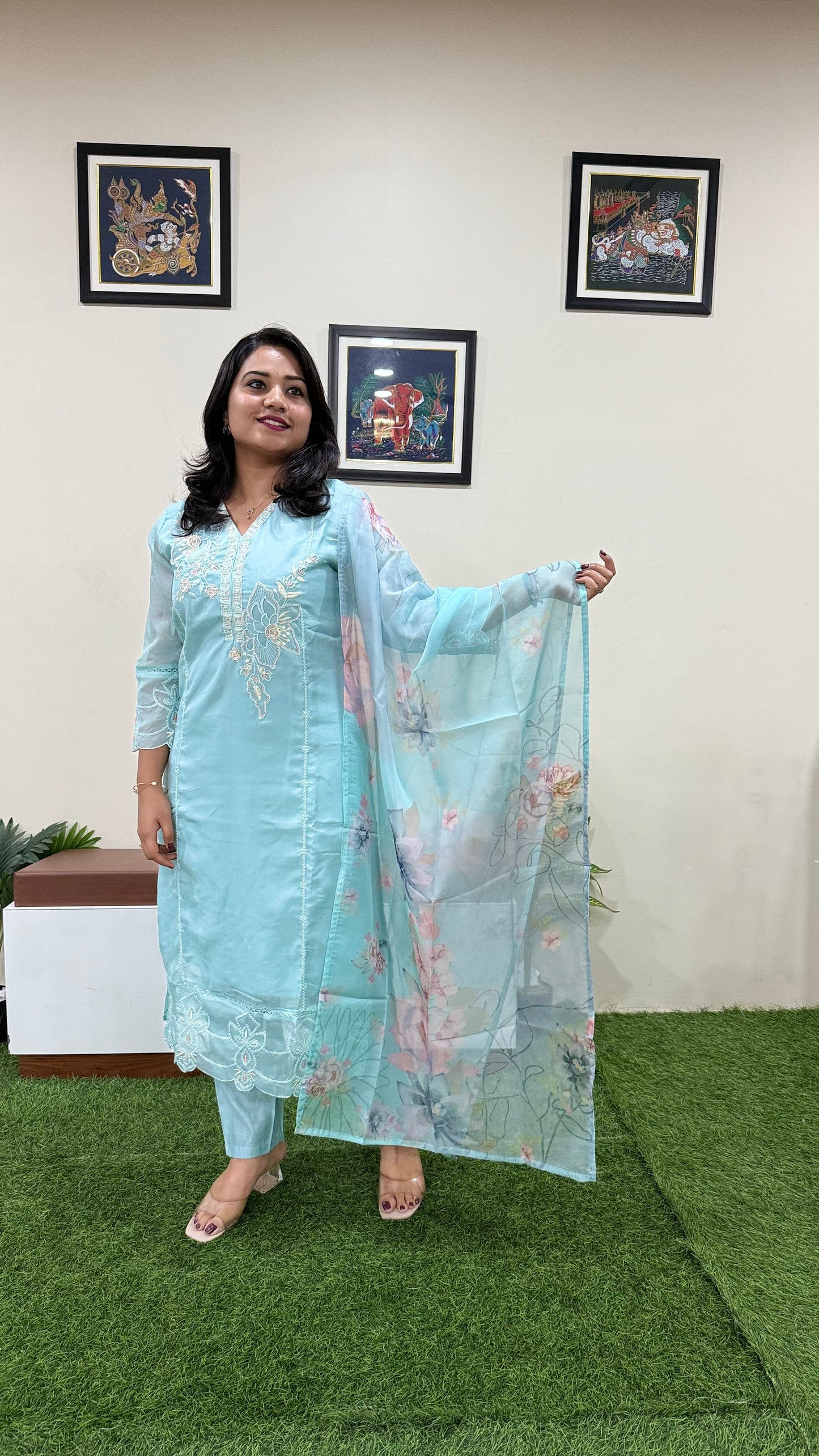 Women’s Organza Embroidered Suit Set with Viscose Silk Pant and Digital Print Dupatta – L to 3XL