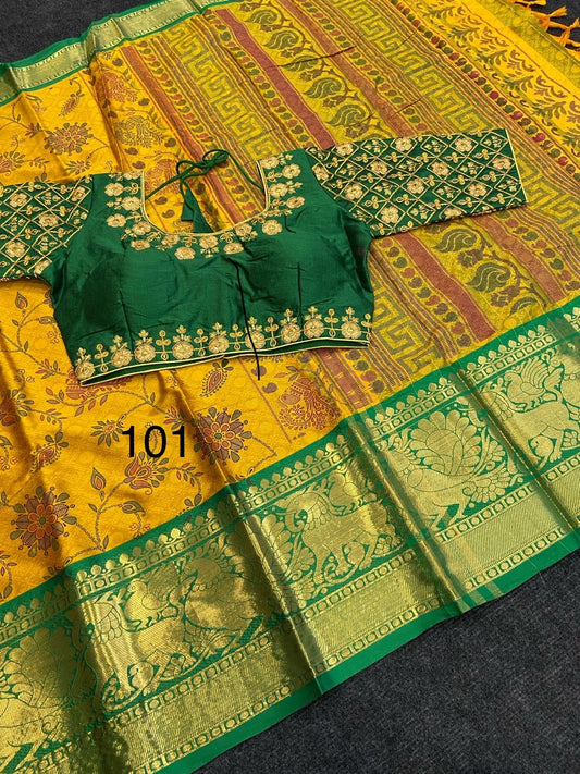 Elegant Jacquard Cotton Silk Saree with Maggam Free Size Blouse
