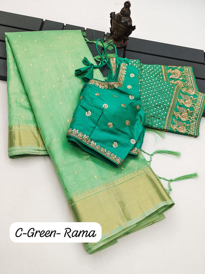 Soft Tissue Silk Saree with Small Butti Design, Embroidered Blouse up to Size 42 or Plain Silk Blouse