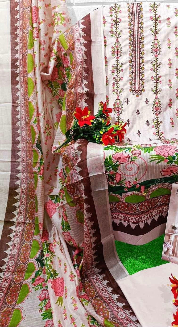 Unstitched Pure Cotton Cambric Suit Material with Self Embroidery and Mal Mal Dupatta