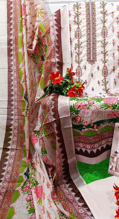 Unstitched Pure Cotton Cambric Suit Material with Self Embroidery and Mal Mal Dupatta