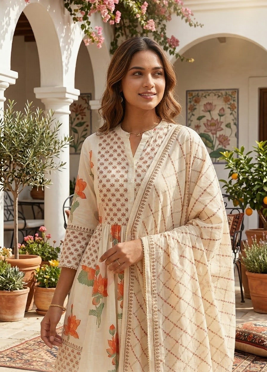 Mul Cotton Printed Kurta Pant Dupatta Set for Women with Lining, Beige Floral Ethnic 3 Piece Set