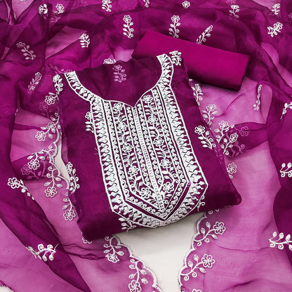 Unstitched Organza Silk Dress Material with Multi-Work Detailing, Micro Fabric Bottom and Organza Dupatta