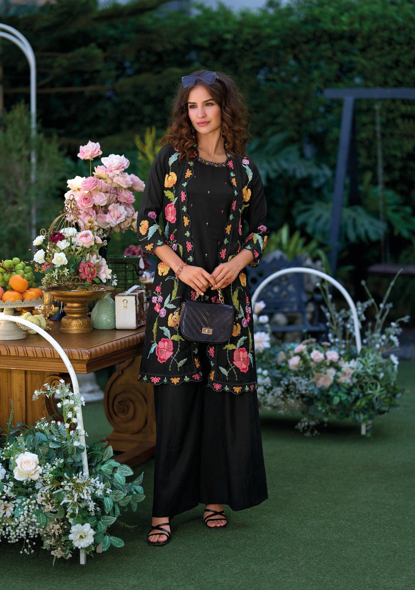 Viscose Organza 3-Piece Suit Set with Hand Embroidery and Silk Pants for Women