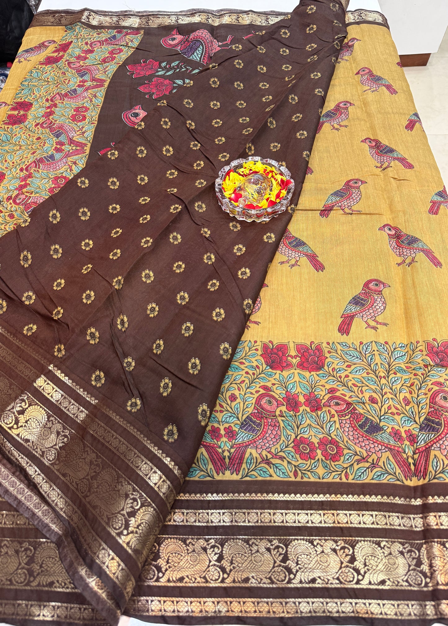 Venkatagiri style silk-blend printed saree with bird motifs and zari-style border, 6.3m women’s festive saree