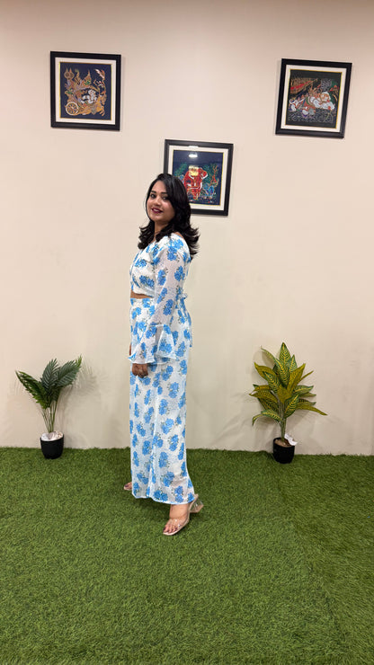 Women's Printed Faux Georgette Co-ord Set with Handwork Crop Top and Palazzo Pants