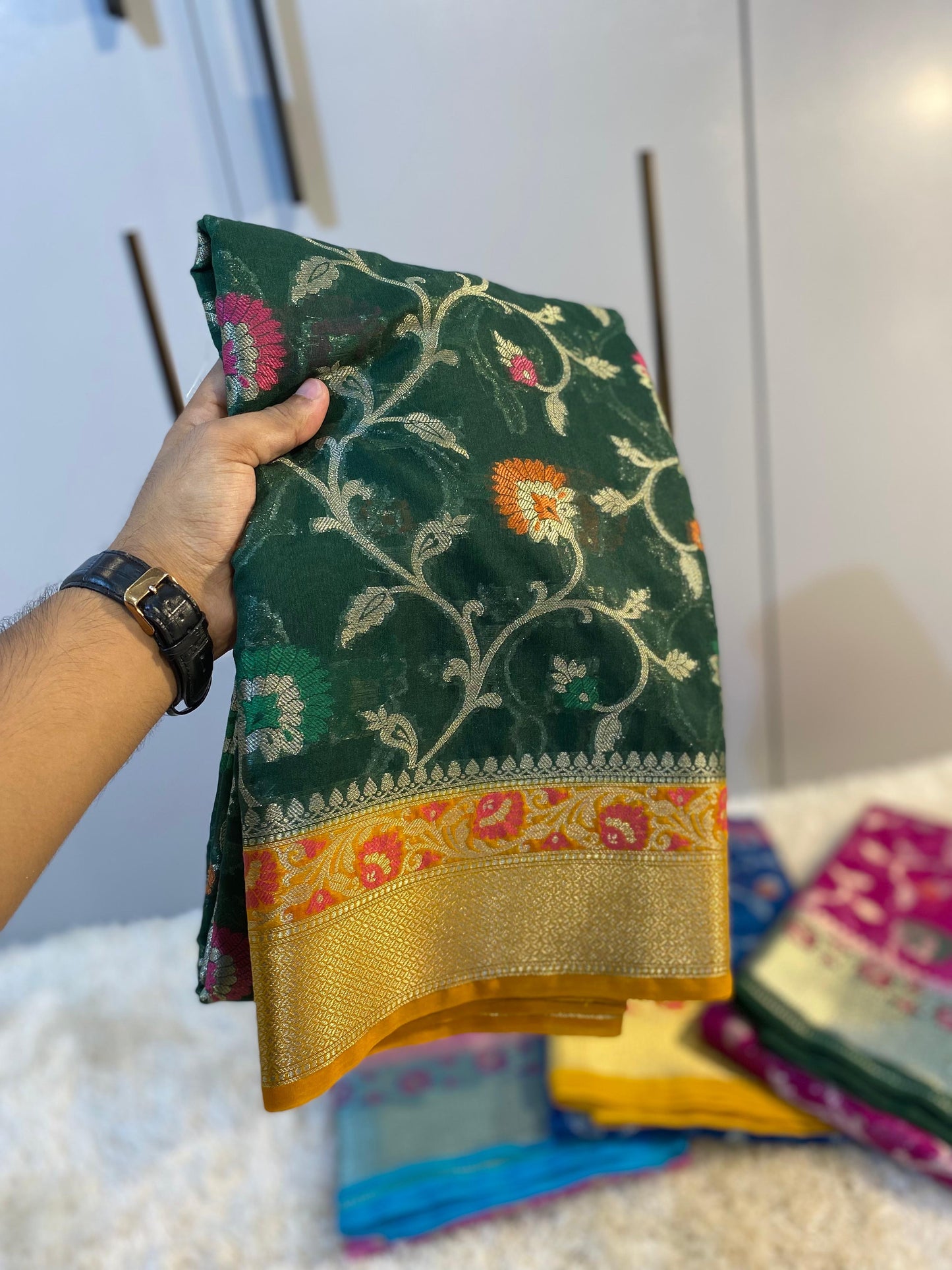 Banarasi Meenakari Georgette Silk Saree with Multi-Color Floral Weaving and Meena Border Blouse