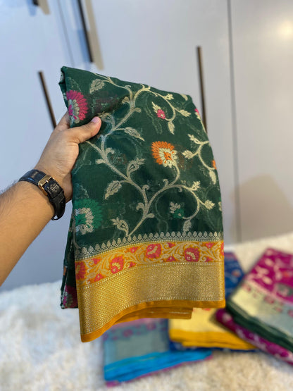 Banarasi Meenakari Georgette Silk Saree with Multi-Color Floral Weaving and Meena Border Blouse