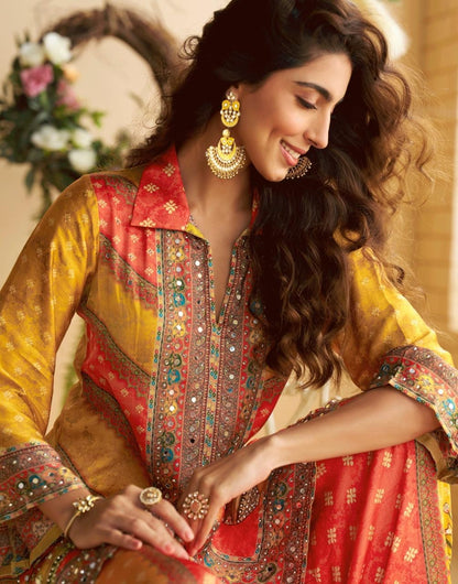 Crepe Silk Digital Printed Co-Ord Set with Mirror Work for Women – Festive Wear Kurta Pant Set