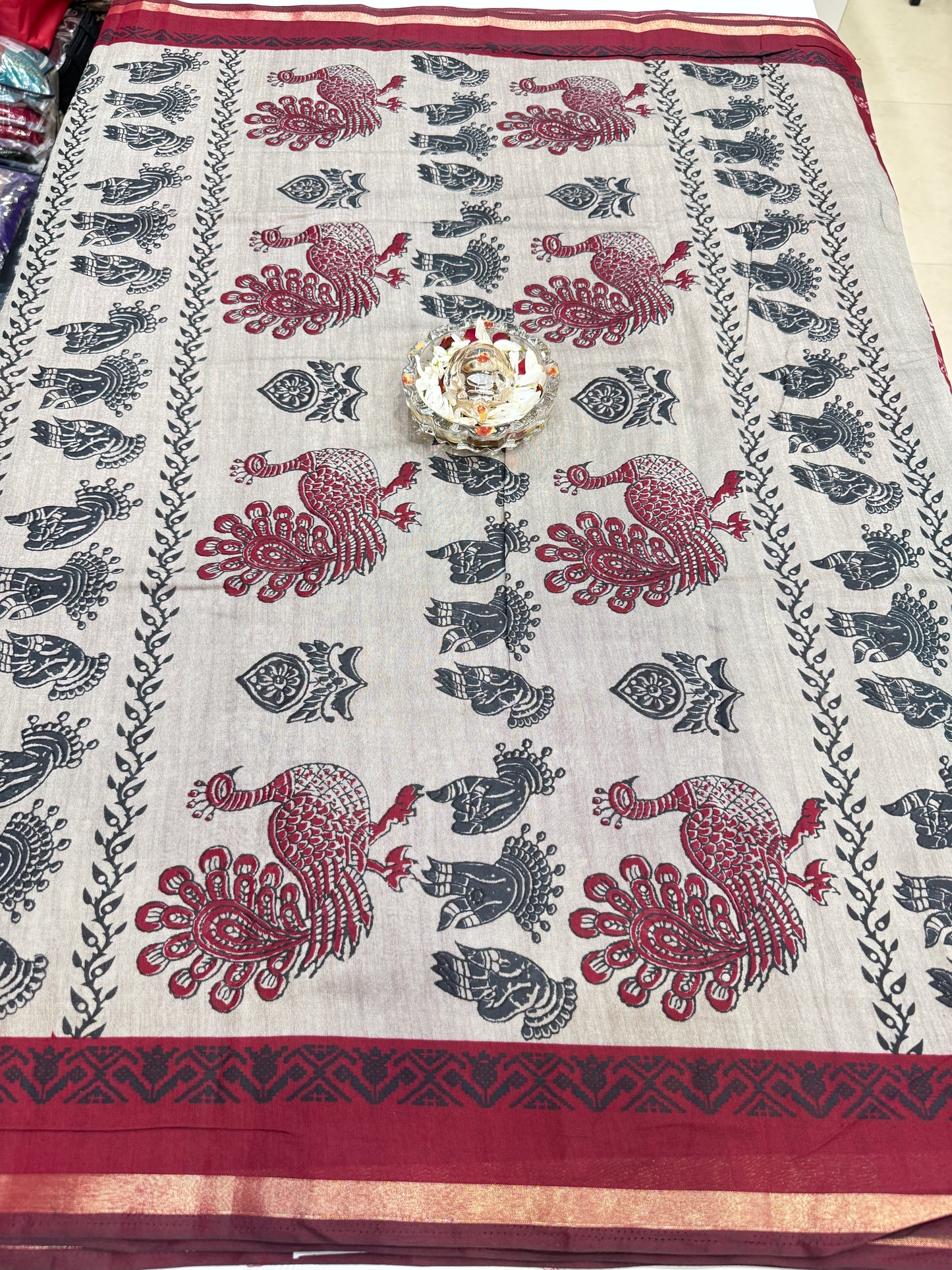 Silk blend printed saree with contrast border and pallu print, 6.3m with running blouse, 6 color options