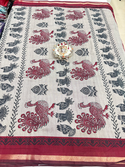Silk blend printed saree with contrast border and pallu print, 6.3m with running blouse, 6 color options