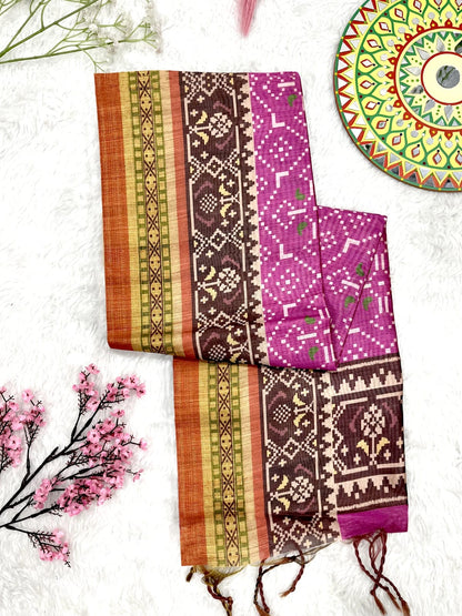 Soft Raw Silk Ikat Print Saree with Tassel Border and Contrast Blouse Piece