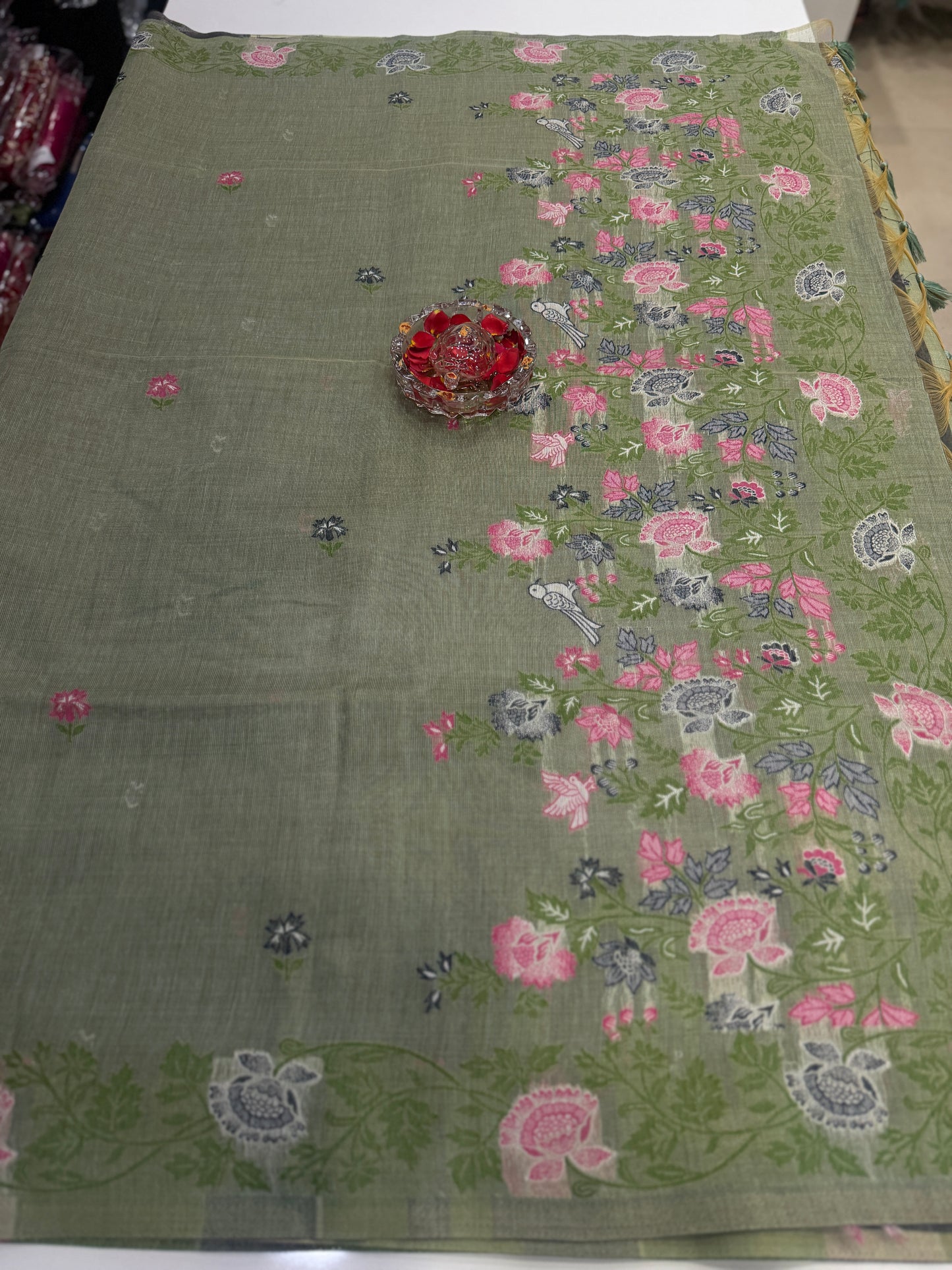 Tissue chanderi saree with floral border and tassel pallu, pastel printed saree for women