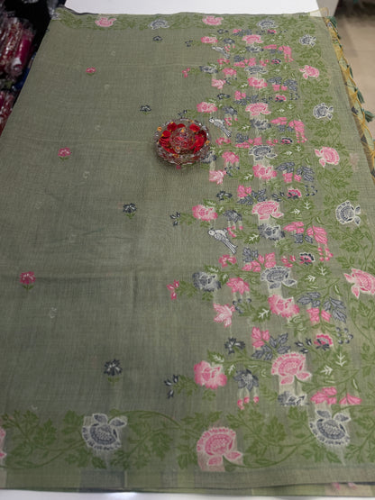 Tissue chanderi saree with floral border and tassel pallu, pastel printed saree for women