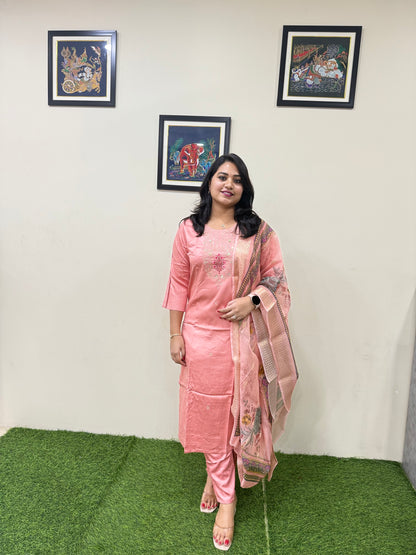 Gajji Silk Straight Suit Set with Embroidery and Organza Zari Dupatta for Women