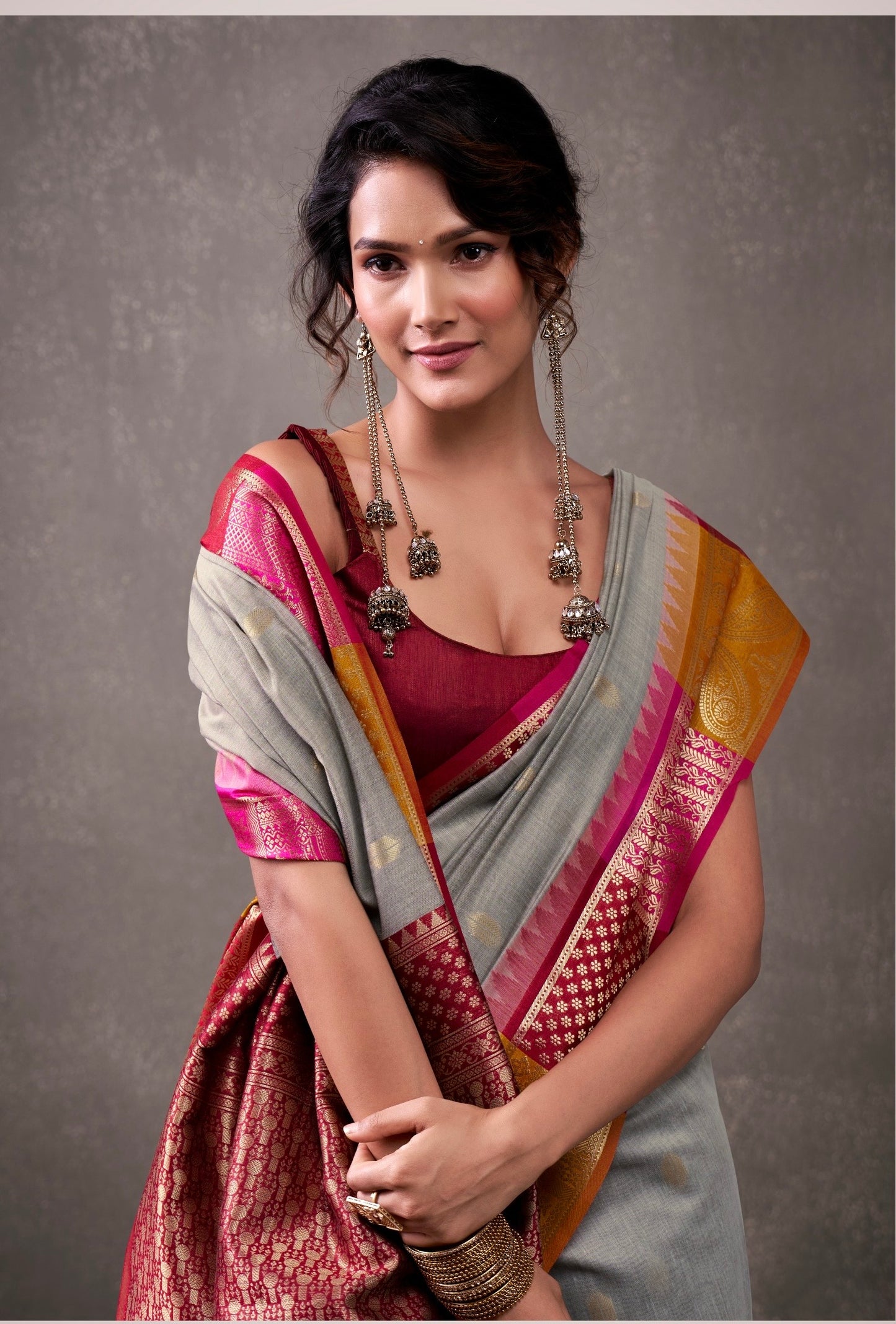 royal modal cotton saree with zari border and contrast blouse – festive ethnic wear for women