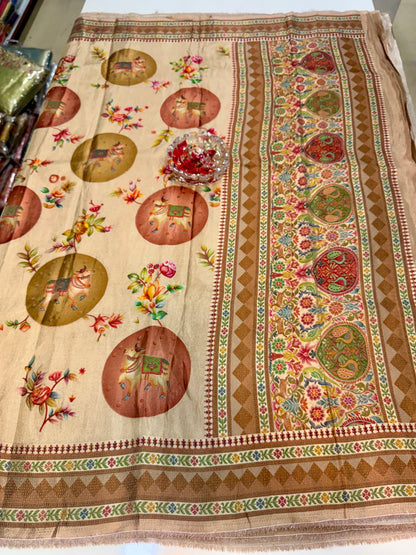 Pure Ziraf Silk Printed Saree with Elephant and Floral Motifs – Lightweight Soft Silk Saree for Women