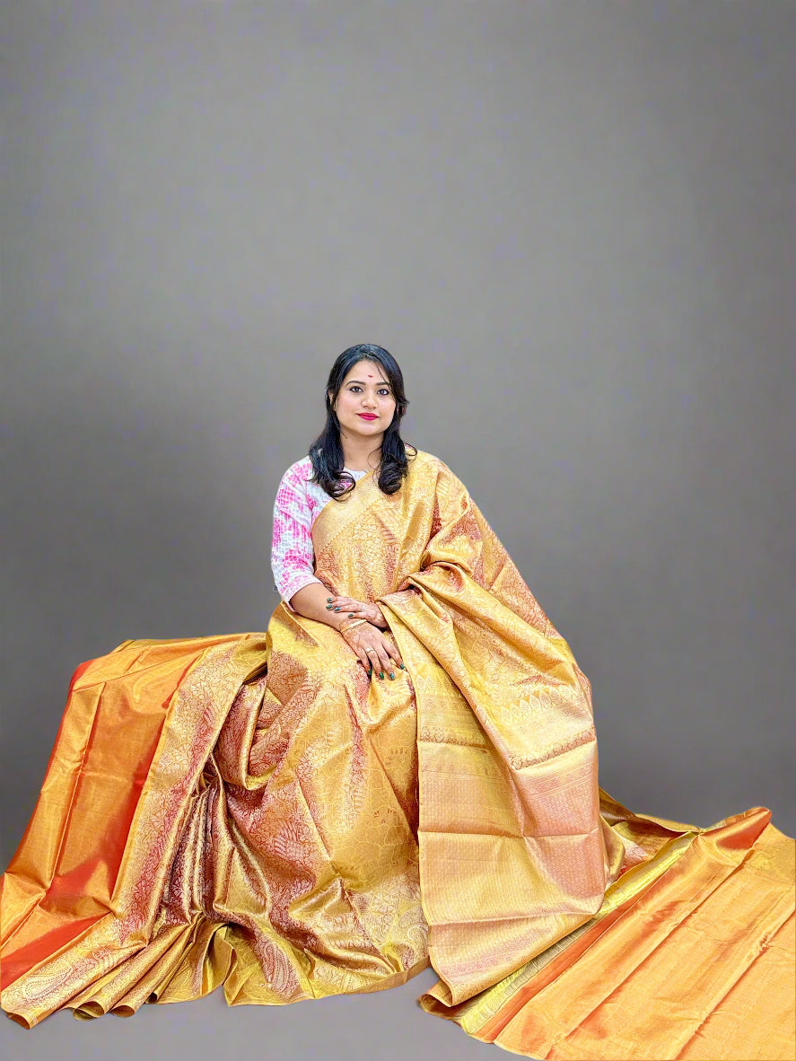 Pure Silk Borderless Saree in Mustard and Red with Rich Zari Weaving – Festive Handloom Silk