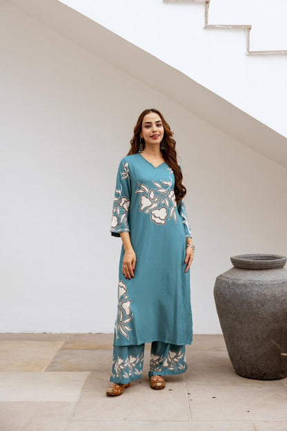 German Rayon Floral Printed Kurta Palazzo Set for Women – Lightweight Daily Wear
